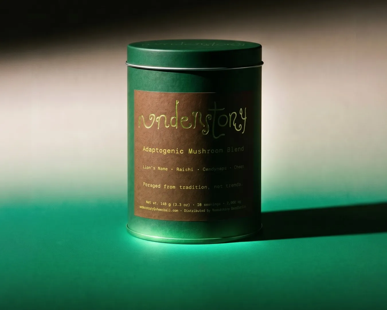 The Understory tin from the brief: green, with a kraft label and the hand-drawn wordmark