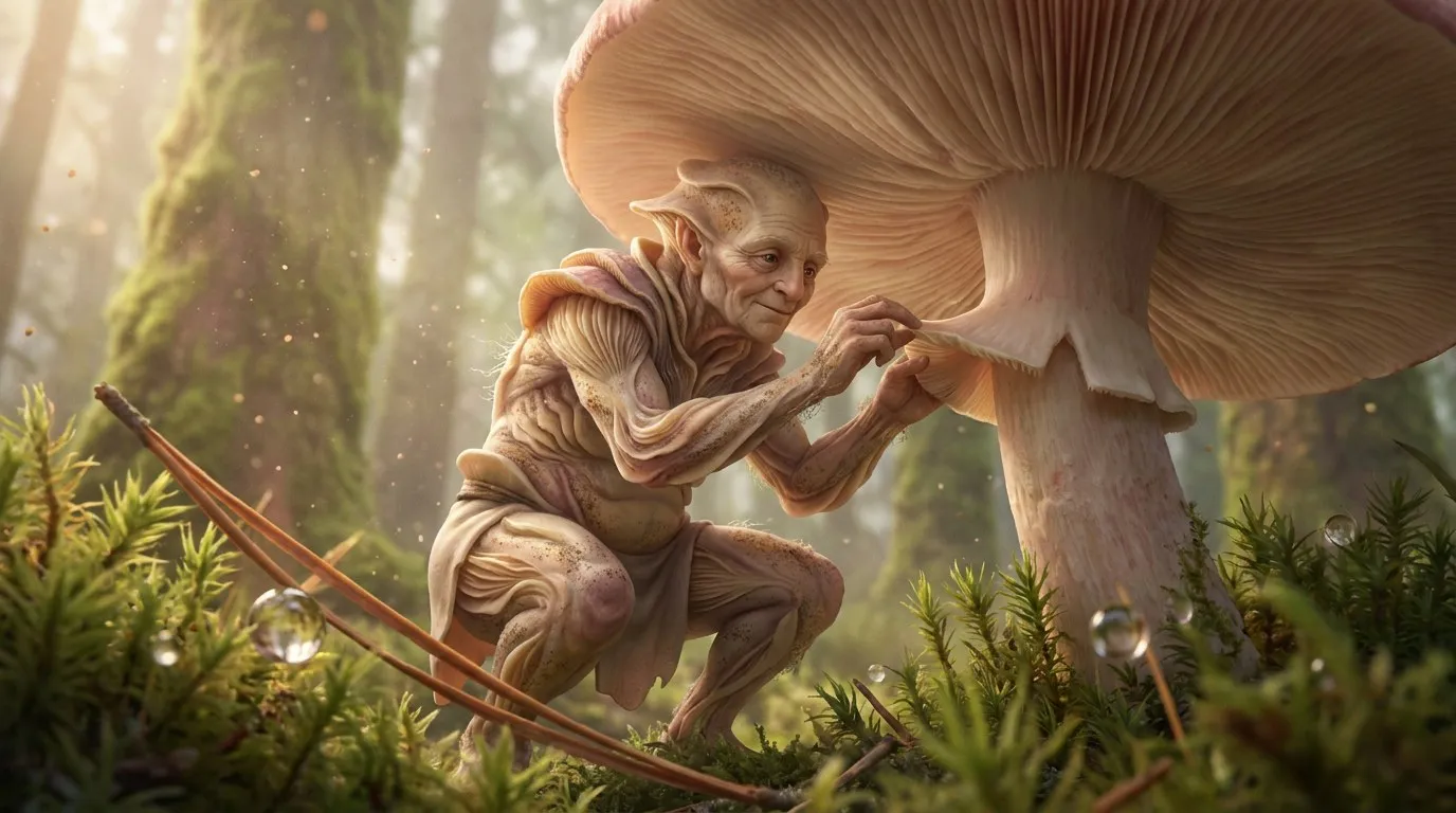 Character study 1: a bark-skinned Forestborn among moss and mushrooms