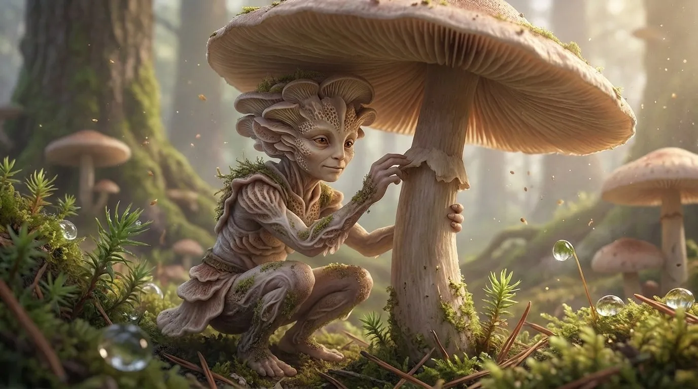 Character study 2: a bark-skinned Forestborn among moss and mushrooms