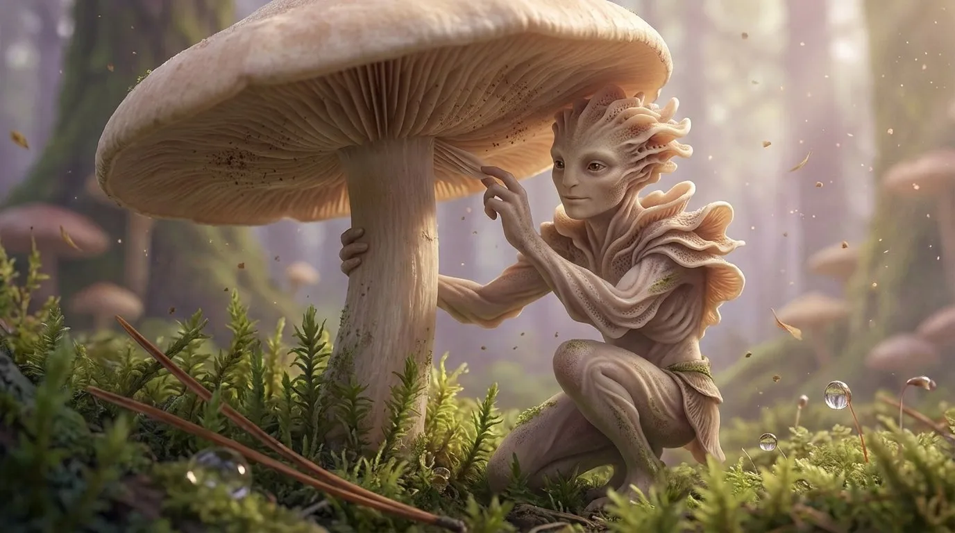 Character study 3: a bark-skinned Forestborn among moss and mushrooms