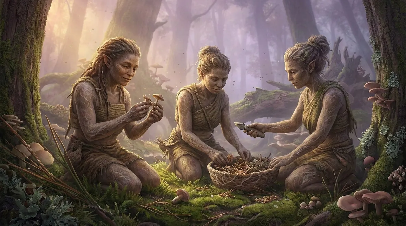 Character study 5: a bark-skinned Forestborn among moss and mushrooms