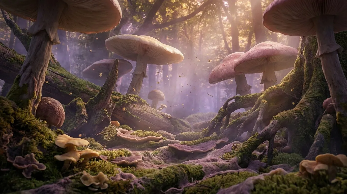 Forest study 1: a misty forest floor of moss, roots and mushrooms in lilac light