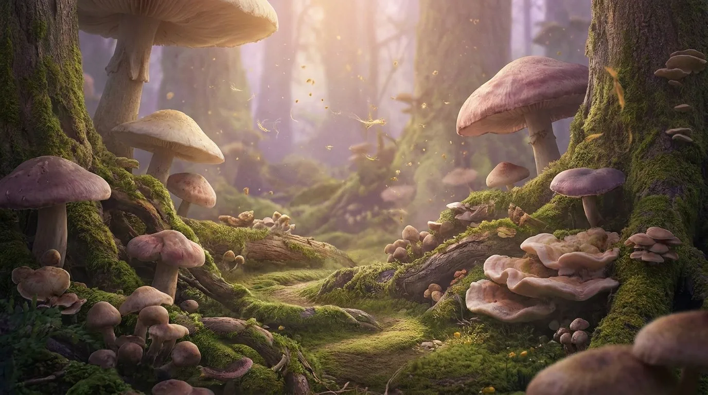 Forest study 2: a misty forest floor of moss, roots and mushrooms in lilac light