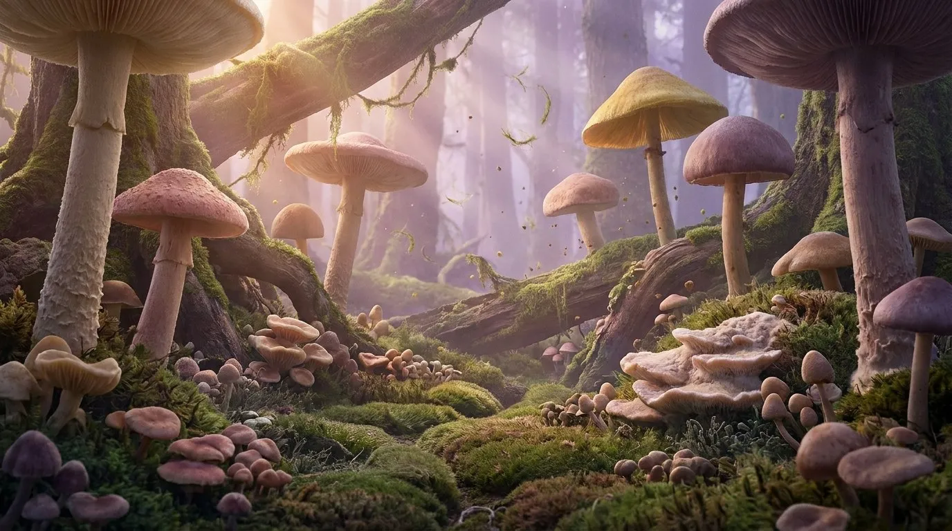 Forest study 3: a misty forest floor of moss, roots and mushrooms in lilac light