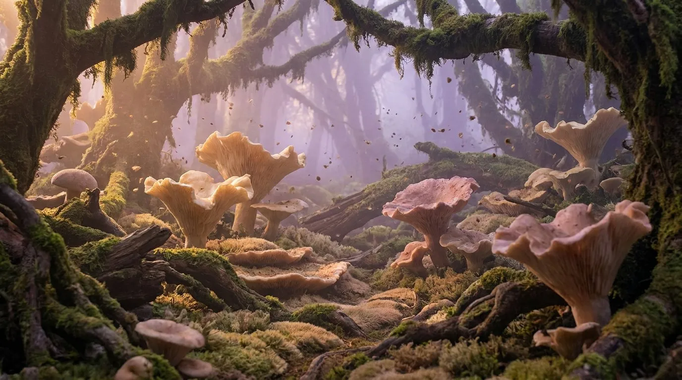 Forest study 4: a misty forest floor of moss, roots and mushrooms in lilac light
