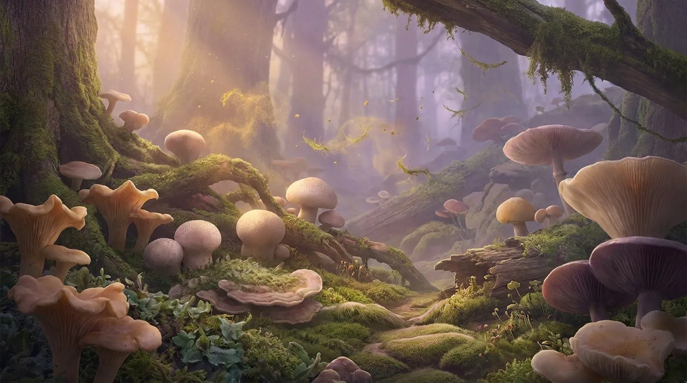 Forest study 5: a misty forest floor of moss, roots and mushrooms in lilac light