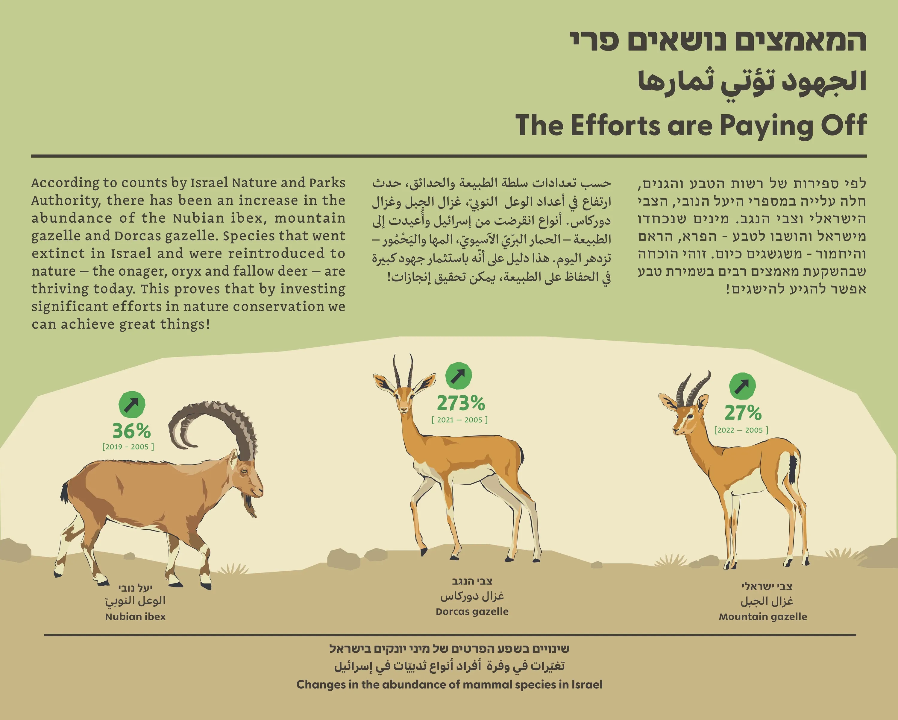 Exhibition panel “The Efforts are Paying Off”: ibex and gazelles with population growth figures
