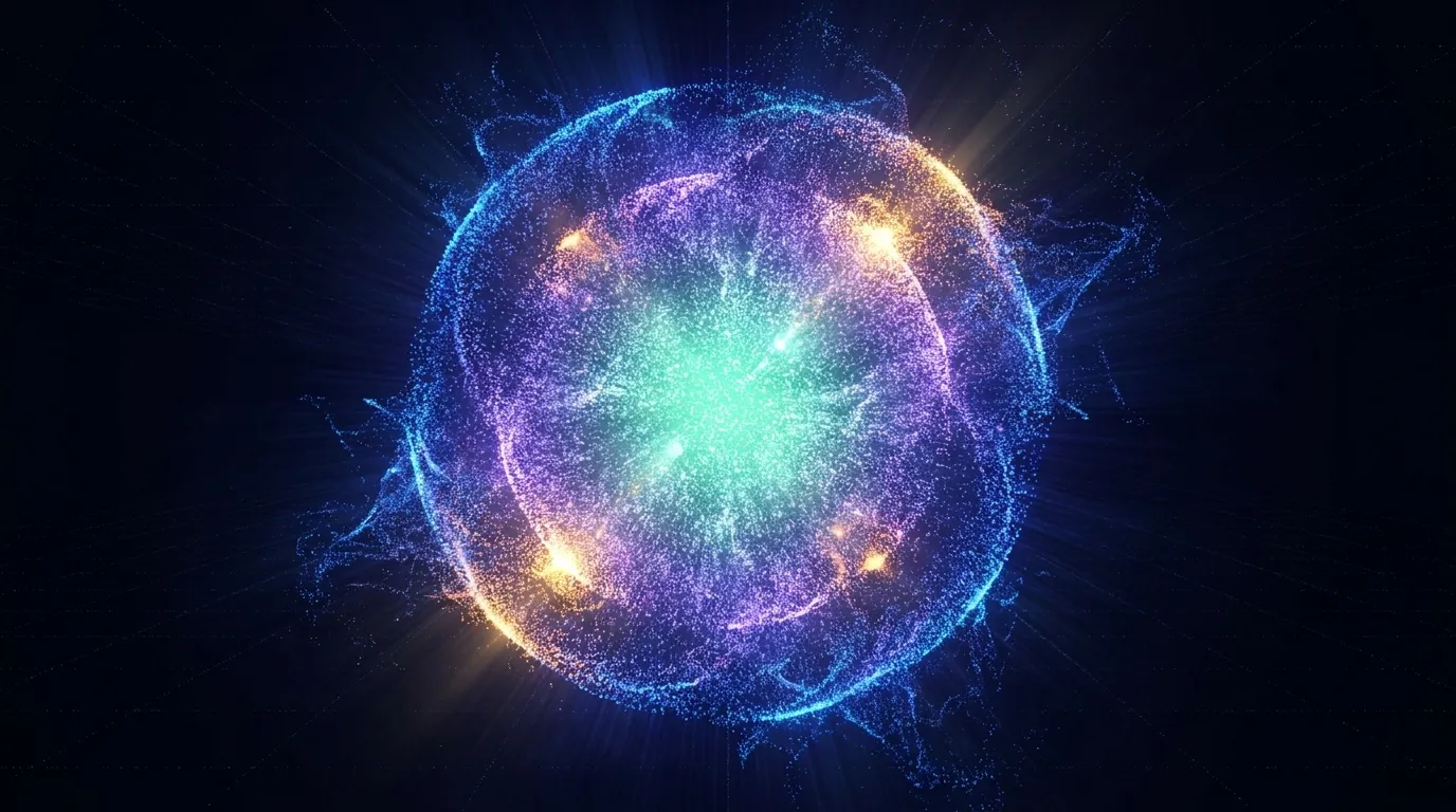 A glowing sphere of teal, blue and amber particle filaments