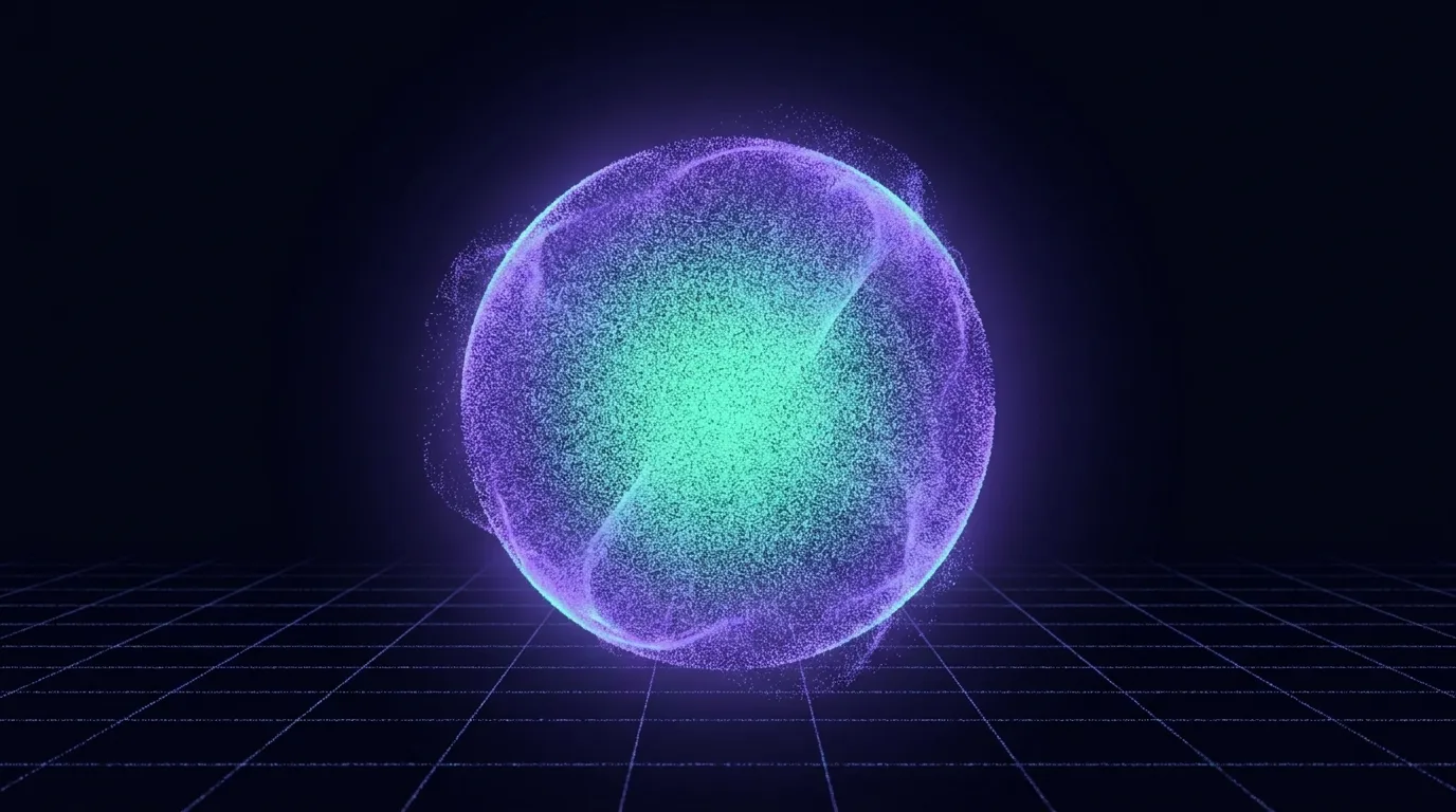 A violet particle sphere with a teal core above a grid