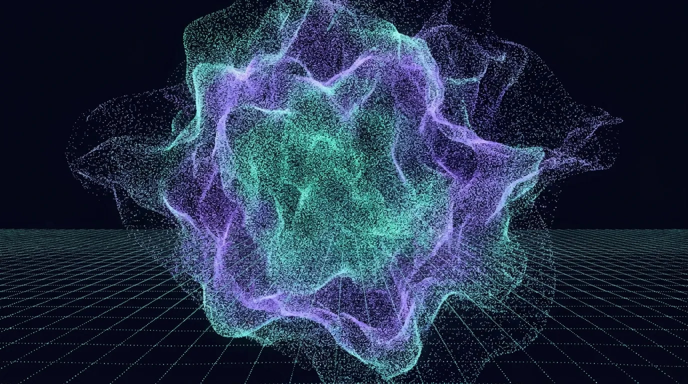 A dense, rippling cloud of teal and violet particles over a grid