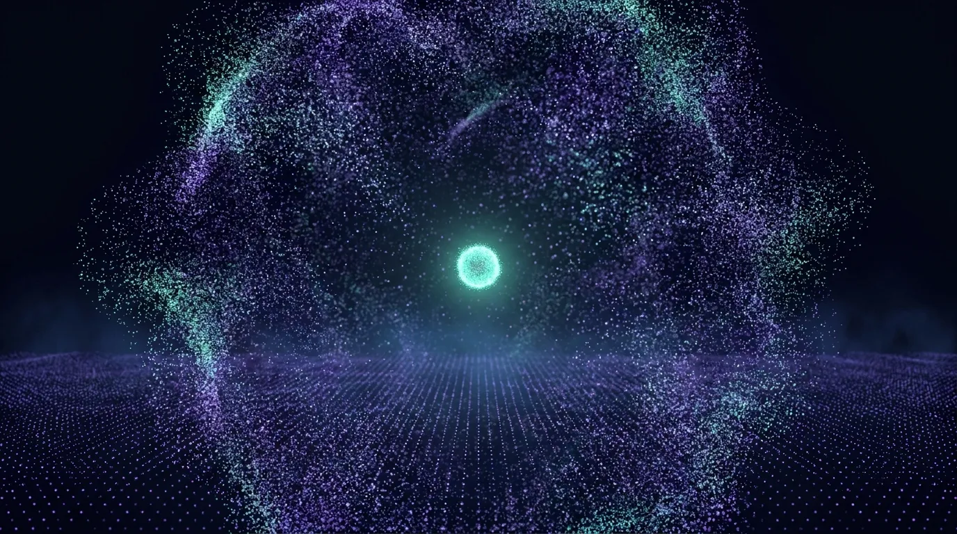 A small teal ring inside a dispersed violet particle field