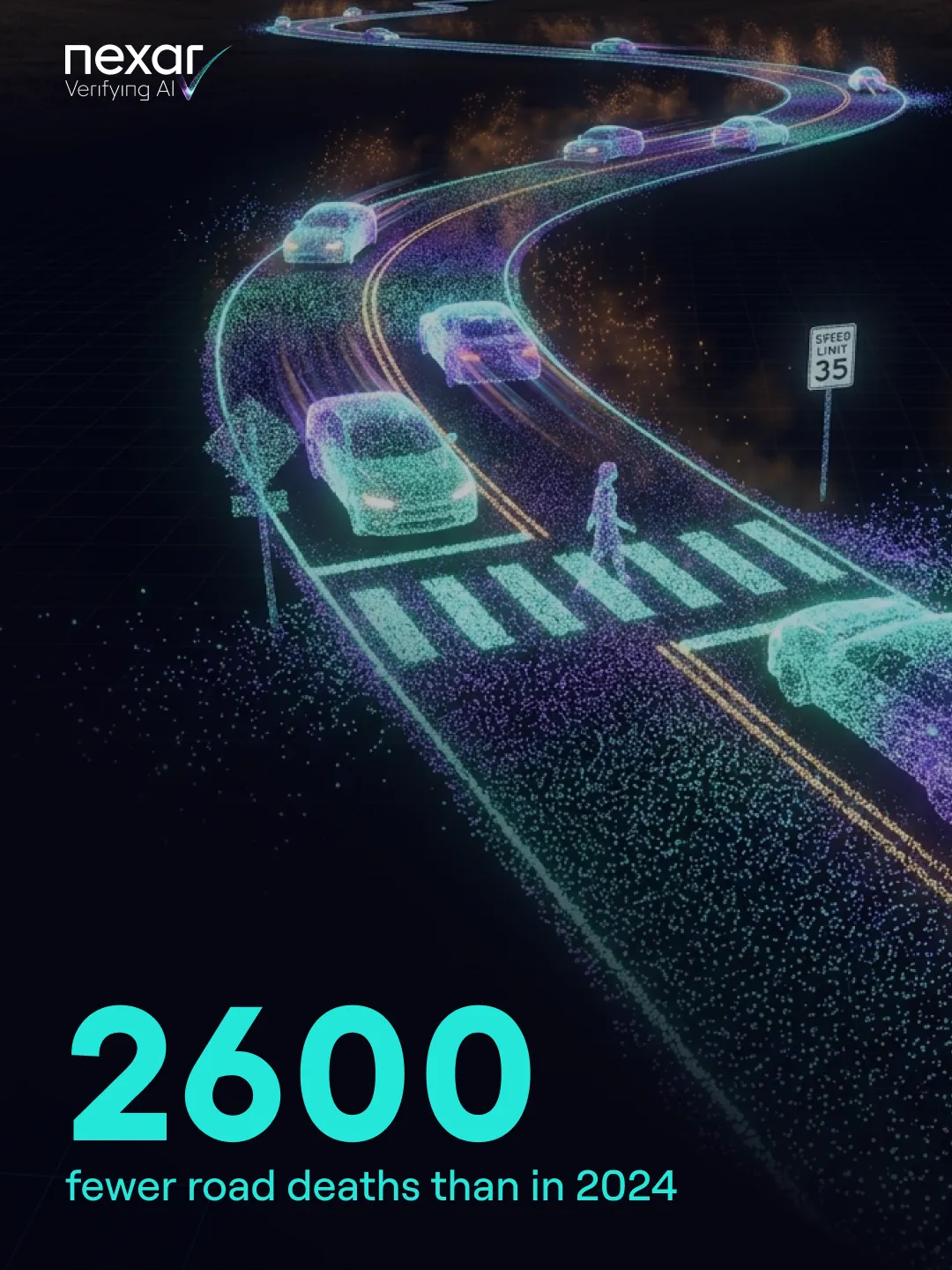 Post: “2600 fewer road deaths than in 2024” — a particle road with a pedestrian crossing