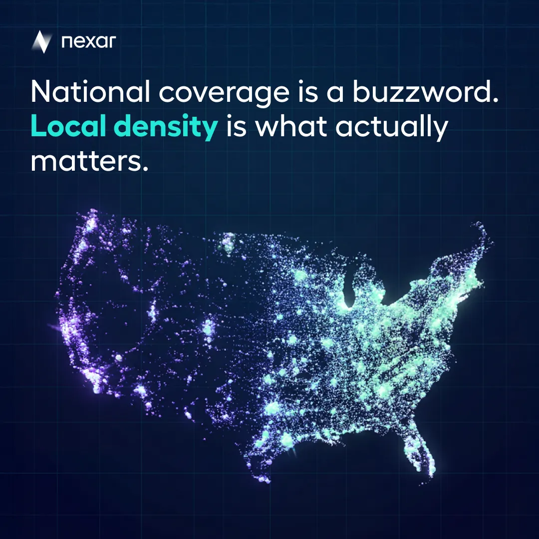 Post: “National coverage is a buzzword. Local density is what actually matters.” — a particle map of the US