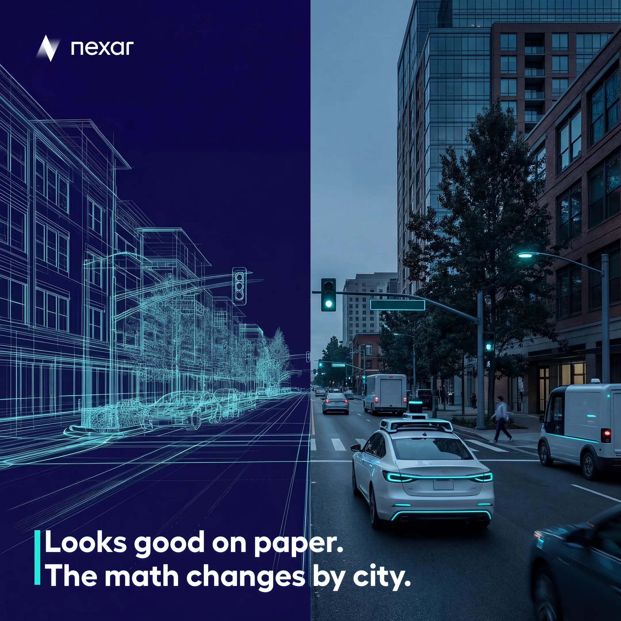 Post: “Looks good on paper. The math changes by city.” — a street half drawn as a wireframe