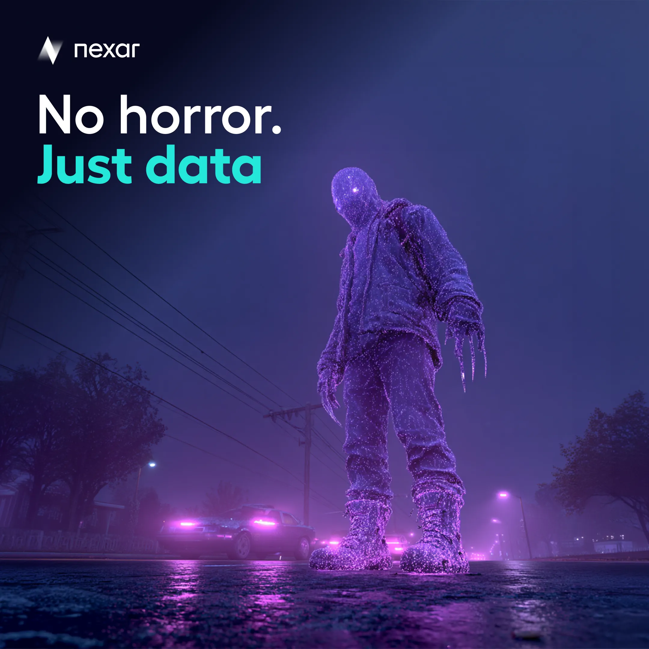 Post: “No horror. Just data.” — a particle figure on a night street