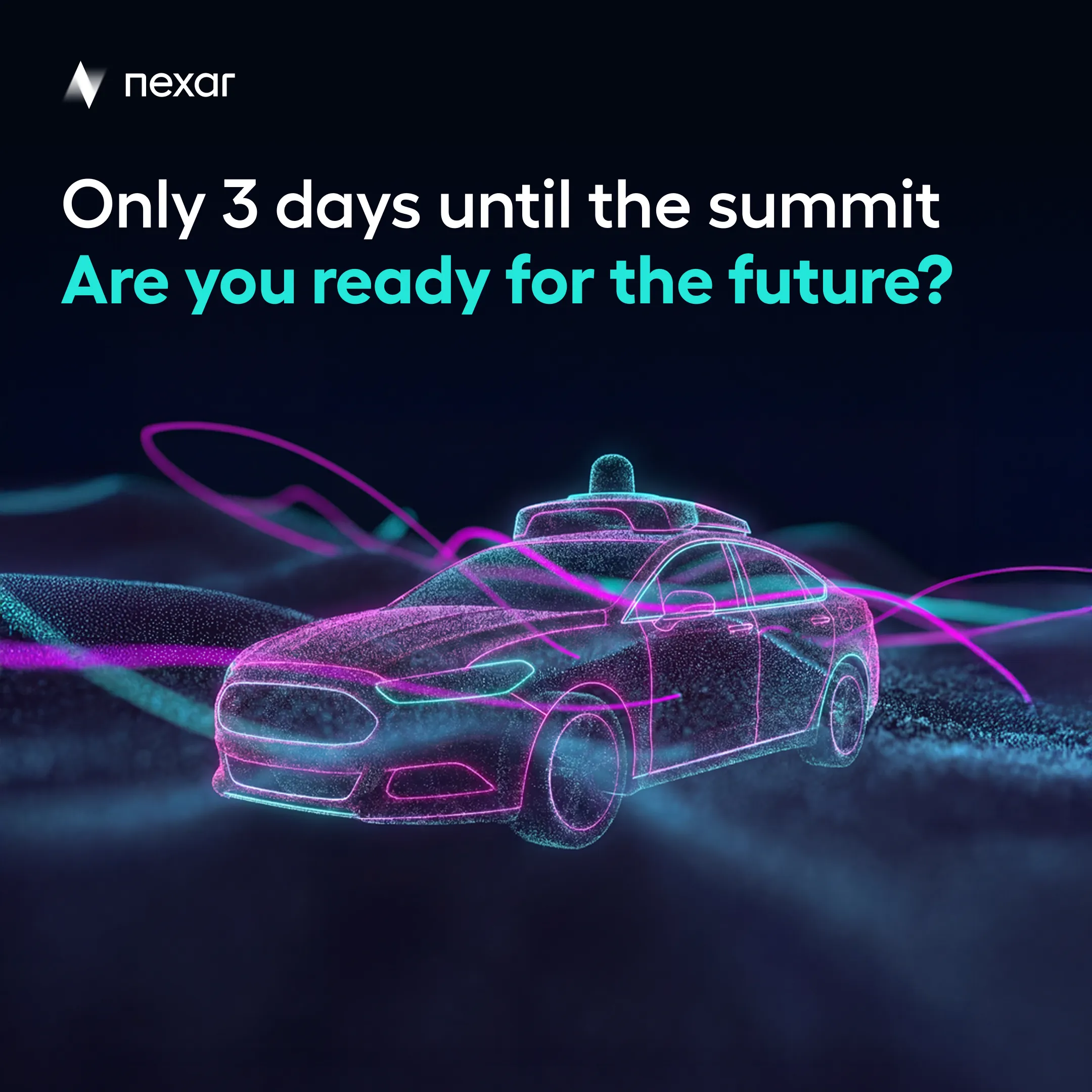Post: “Only 3 days until the summit. Are you ready for the future?” — a particle car