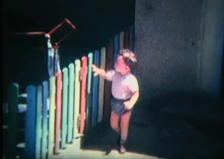 A toddler beside a fence of painted wooden slats