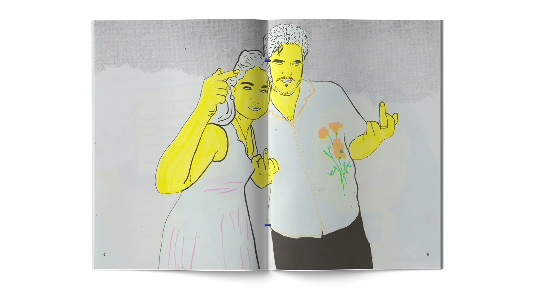 Spread: an illustration of the couple in yellow and grey, cheek to cheek