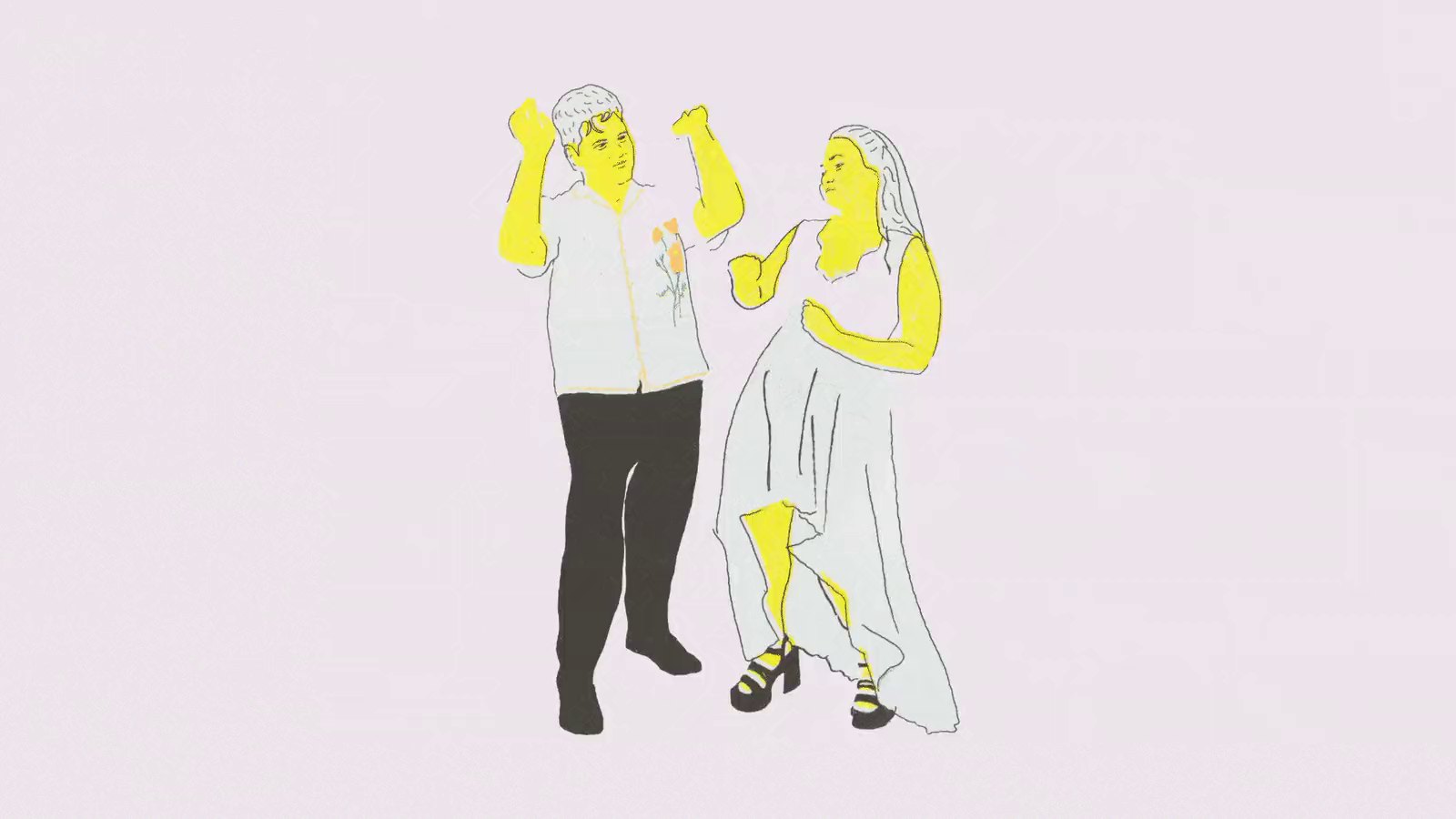 An illustrated bride and groom dancing, then the Sakmash book on a blue backdrop, its spreads turning one by one