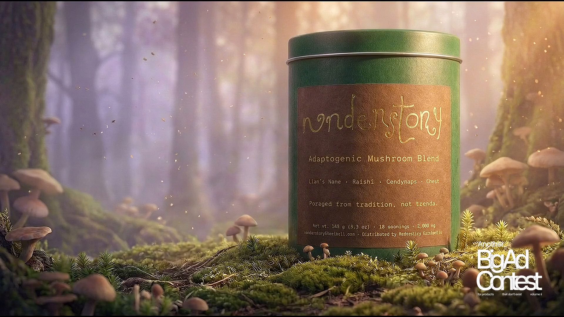 Tiny bark-skinned Forestborn haul sacks of mushroom powder up a ladder into a giant green tin in a misty forest
