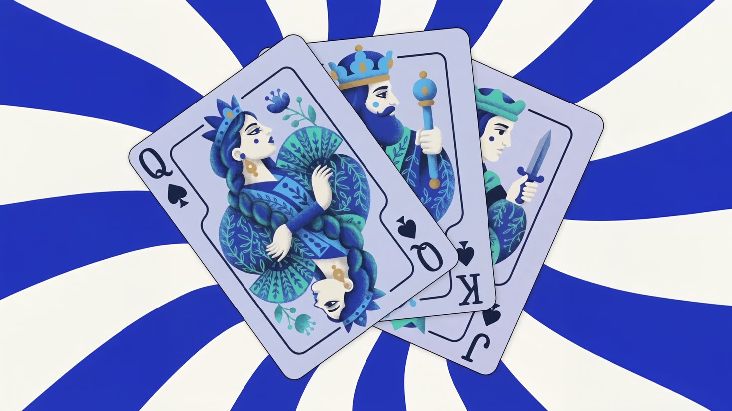 Genie playing cards — queen, king and jack — fanned over a Persian Blue spiral