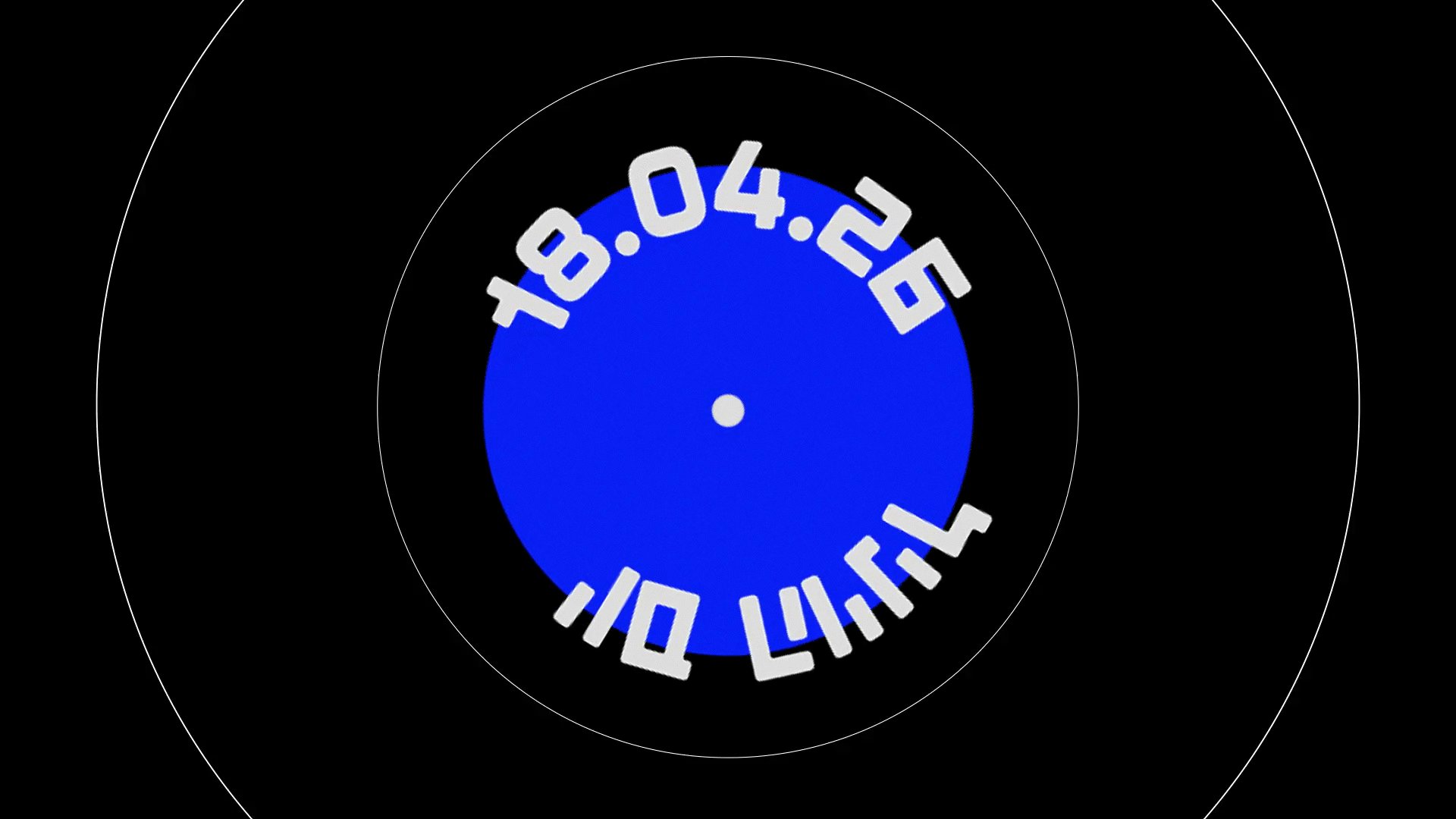 A blue record label spinning on black, lettered “Vinyl Day” and 18.04.26 in Hebrew, then halftone cut-outs on pink
